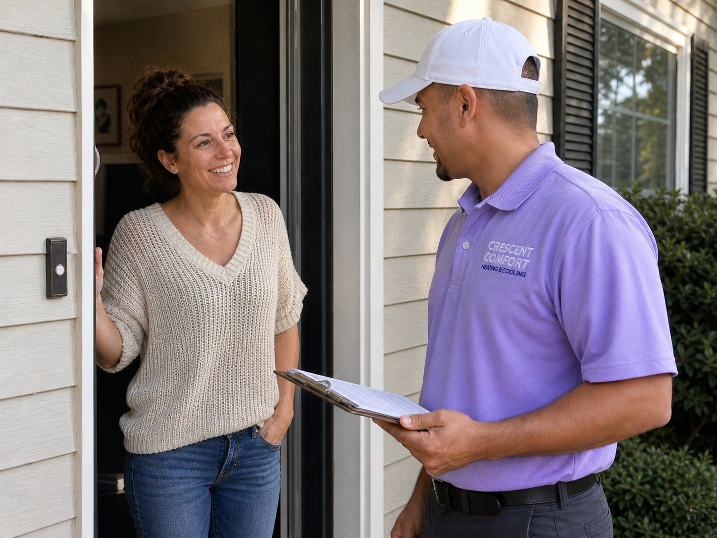 Crescent Comfort technician greeting a homeowner